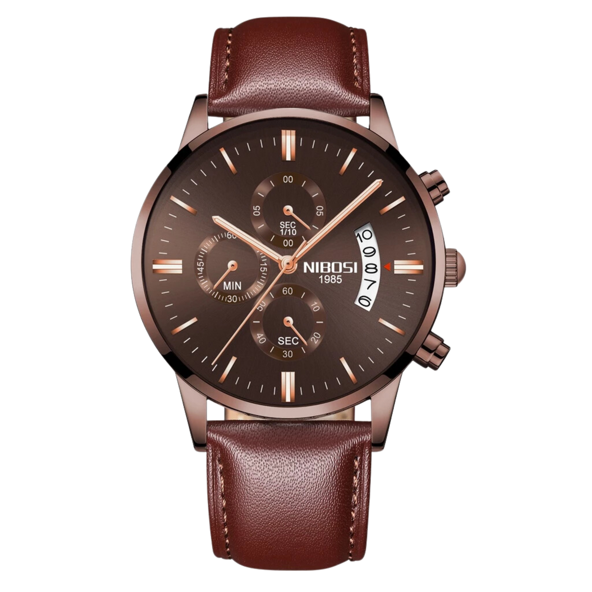 Nibosi Axis Men's Chronograph – Leather Strap – Brown & Rose Gold