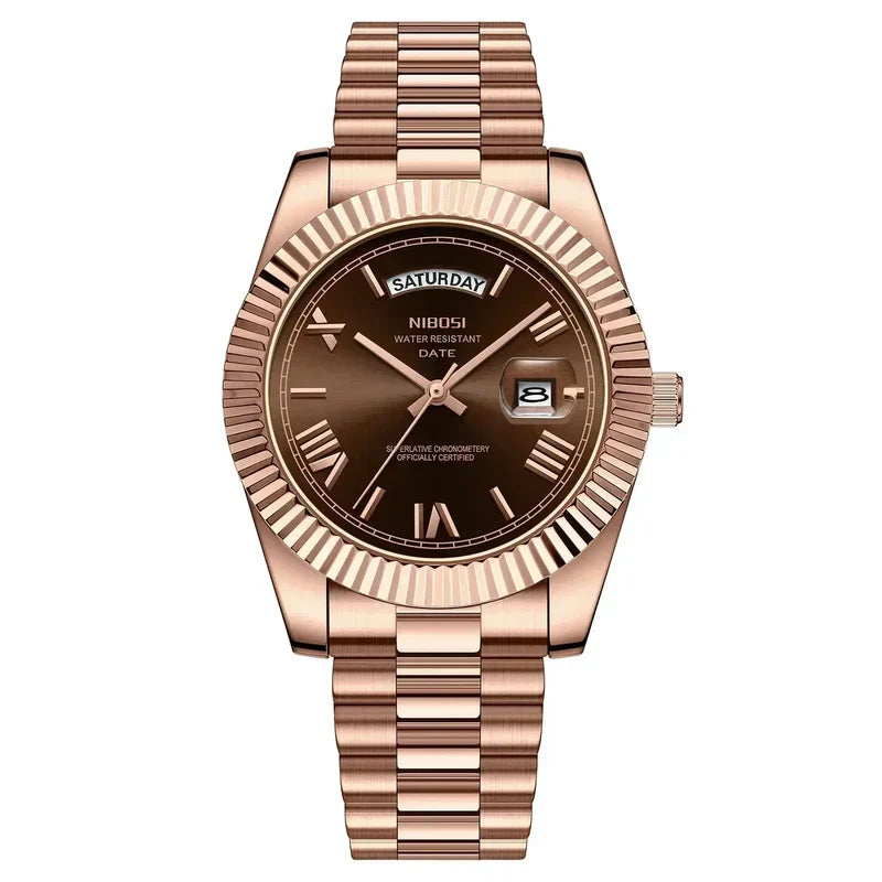 Nibosi Royale Men's Watch – Day-Date – Rose Gold & Brown