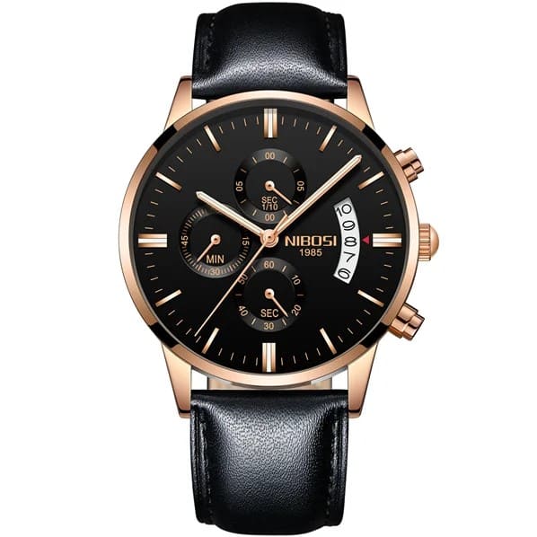 Nibosi Classic Men's Watch – Leather Strap – Black & Rose Gold