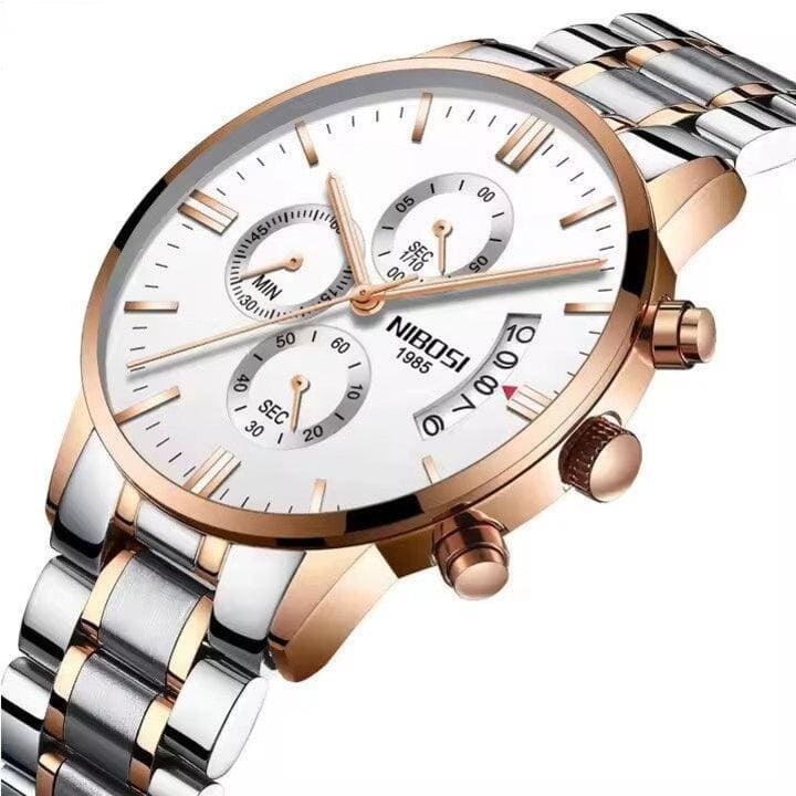 Nibosi Classic Men's Watch – Stainless Steel – Silver-Rose Gold & White
