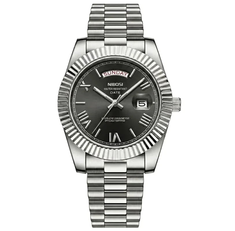 Nibosi Royale Men's Watch – Day-Date – Silver & Black