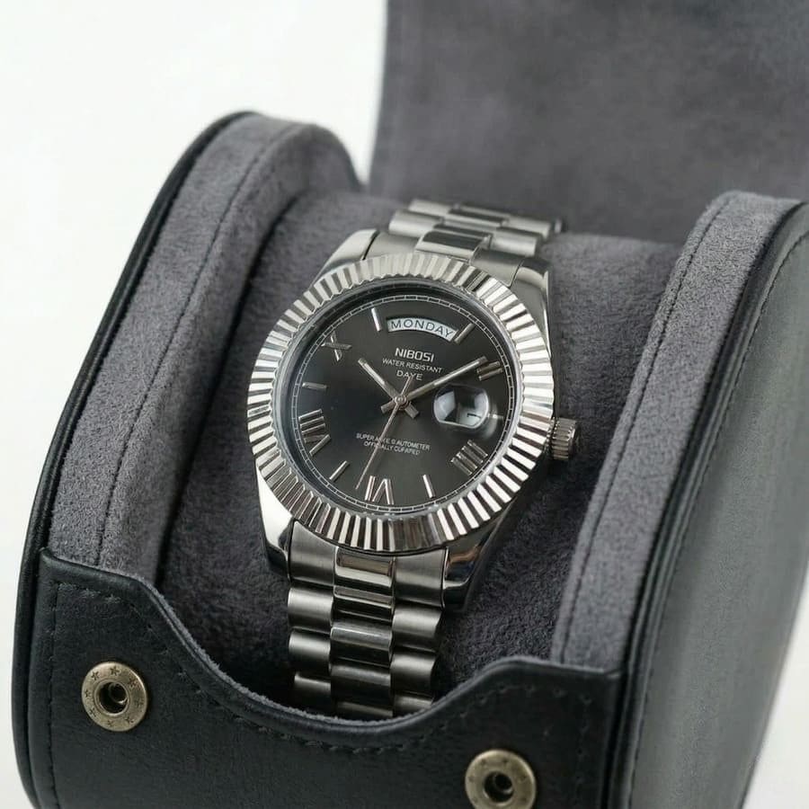 Nibosi Royale Men's Watch – Day-Date – Silver & Black