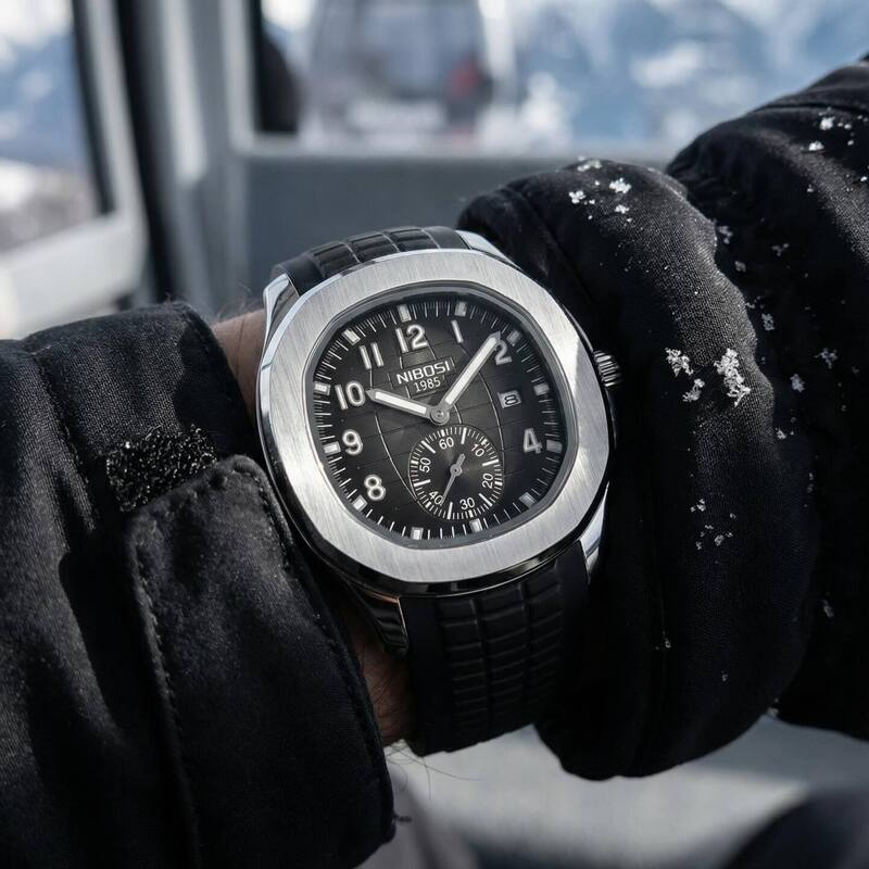 Nibosi Nemesis Men's Watch – Rubber Strap – Silver & Black