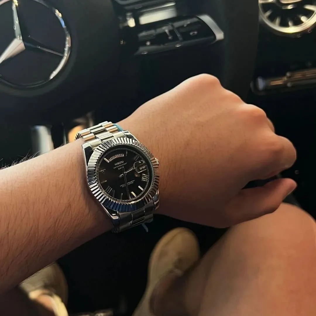 Nibosi Royale Men's Watch – Day-Date – Silver & Black