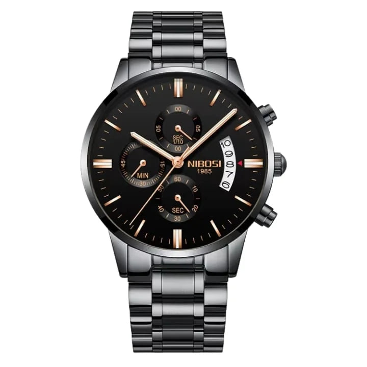 Nibosi Classic Men's Watch – Stainless Steel – Black & Rose Gold