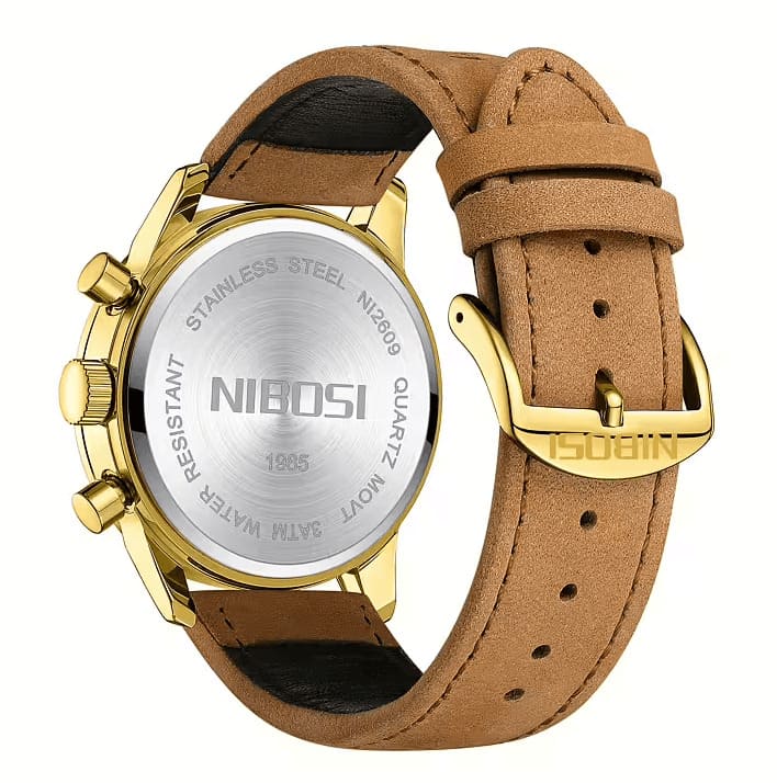 Nibosi Altus Men's Watch – Leather Strap – Gold & Black