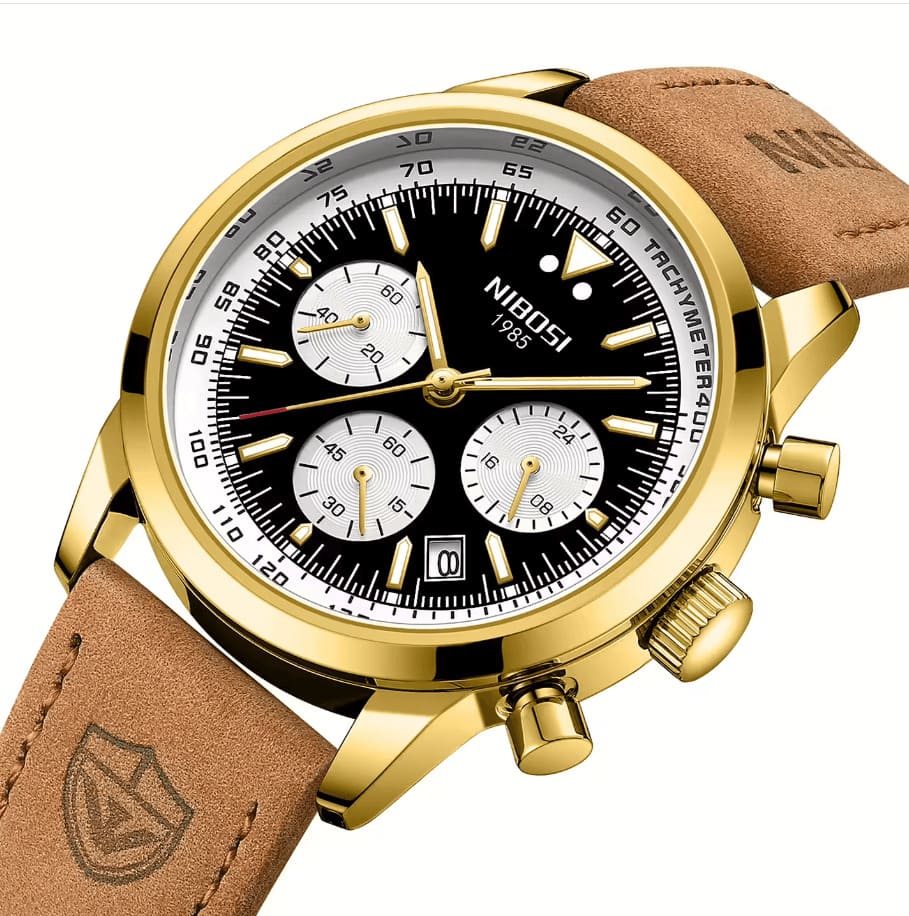 Nibosi Altus Men's Watch – Leather Strap – Gold & Black