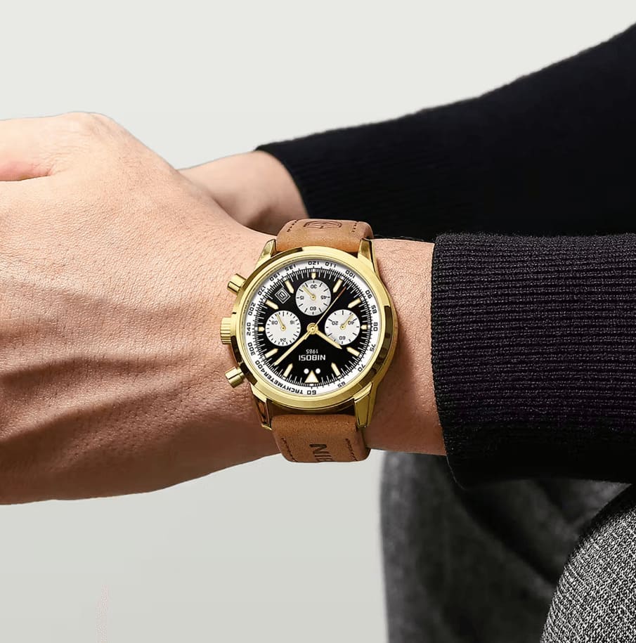 Nibosi Altus Men's Watch – Leather Strap – Gold & Black