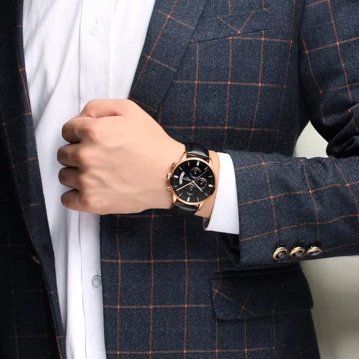 Nibosi Classic Men's Watch – Leather Strap – White & Rose Gold