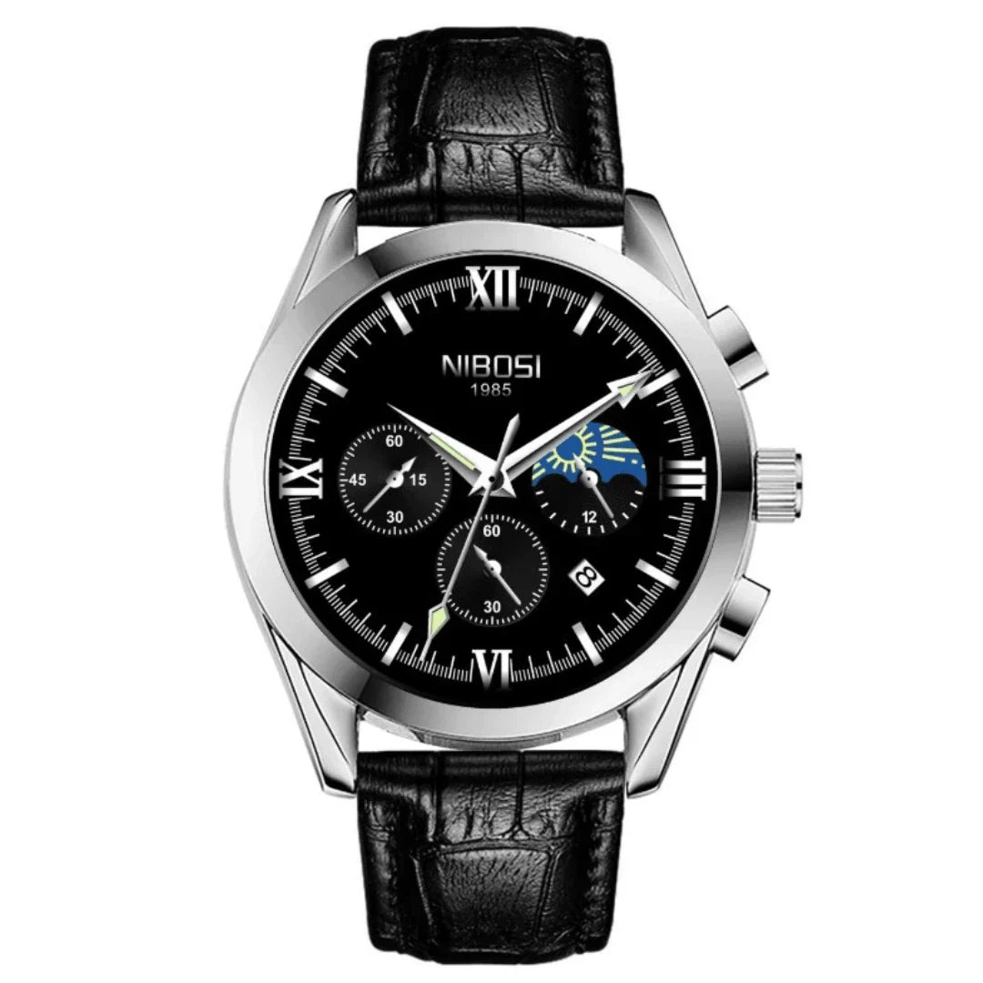 Nibosi Hermes Men's Watch – Leather Strap – Black & Silver