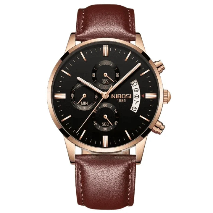 Nibosi Classic Men's Watch – Leather Strap – Black & Brown