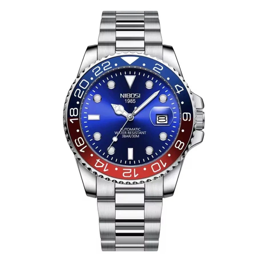 Nibosi Majestic Men's Automatic Watch – Silver-Red & Blue