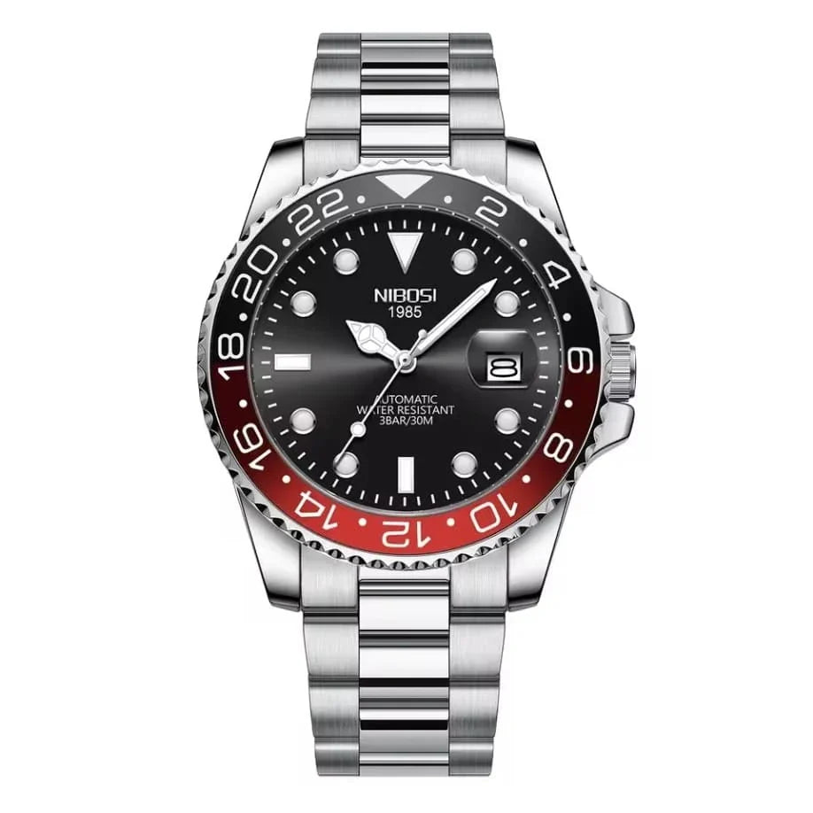 Nibosi Majestic Men's Automatic Watch – Silver-Red & Black