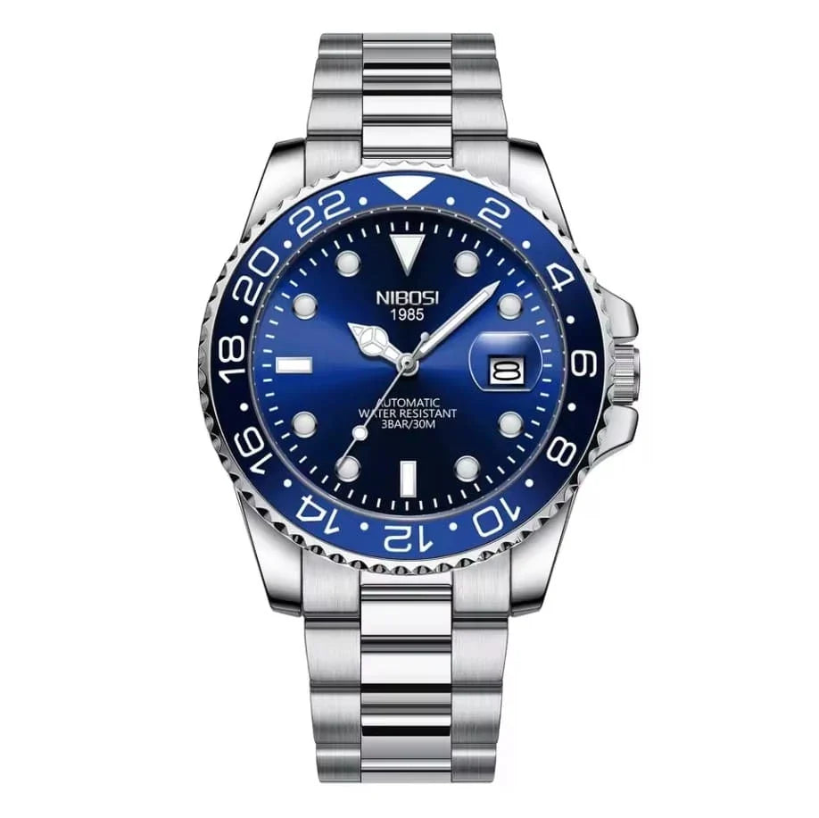 Nibosi Majestic Men's Automatic Watch – Silver & Blue