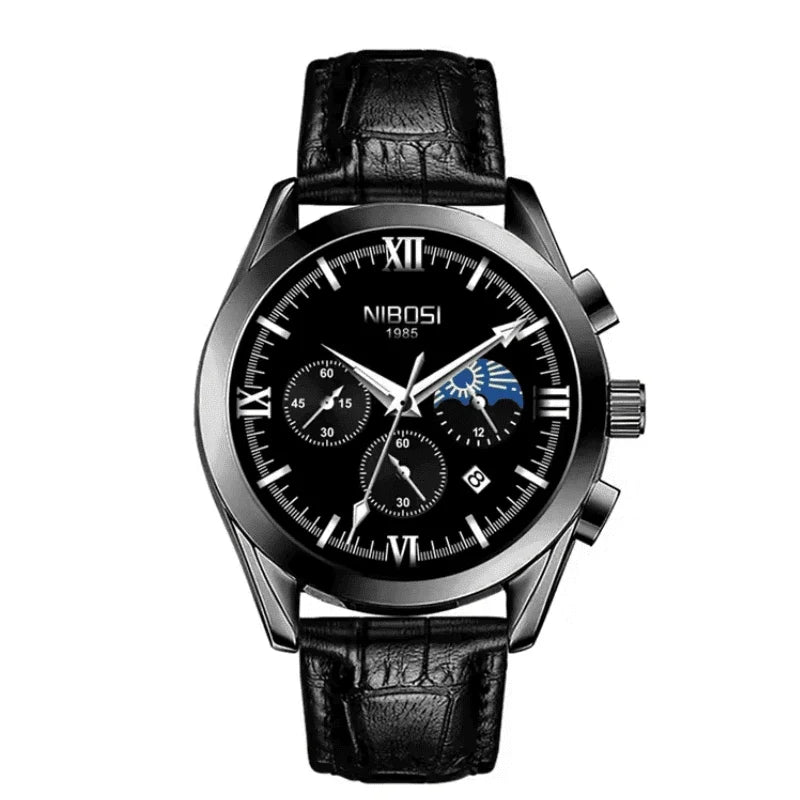 Nibosi Hermes Men's Watch – Leather Strap – Black