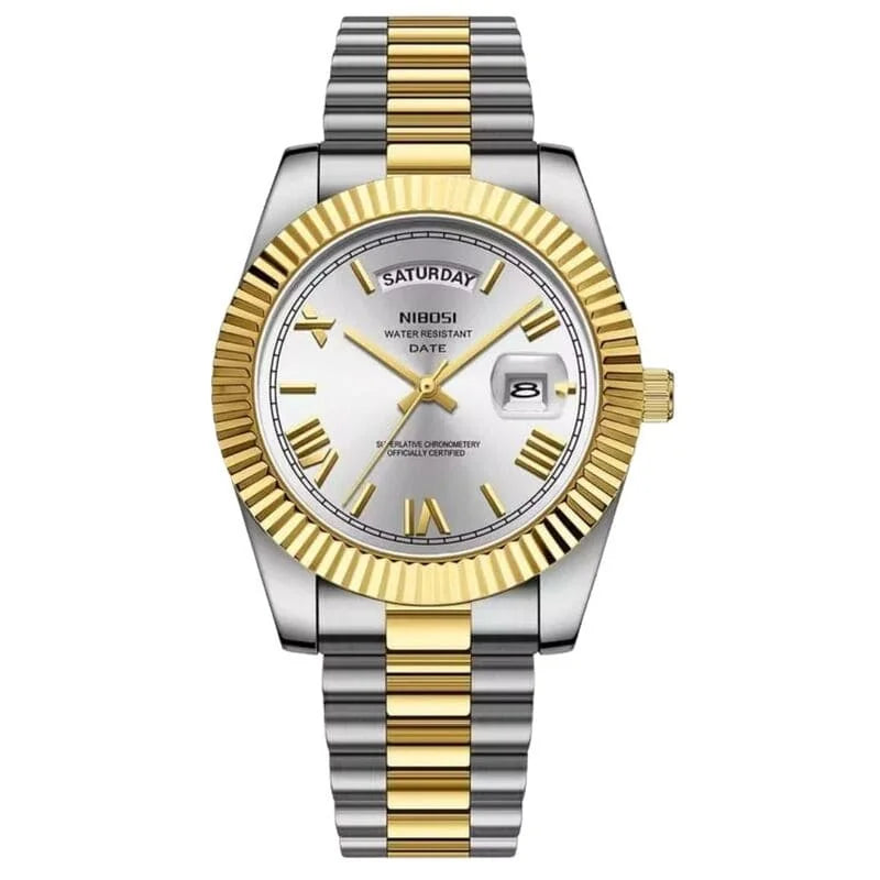 Nibosi Royale Men's Watch – Day-Date – Silver-Gold & White