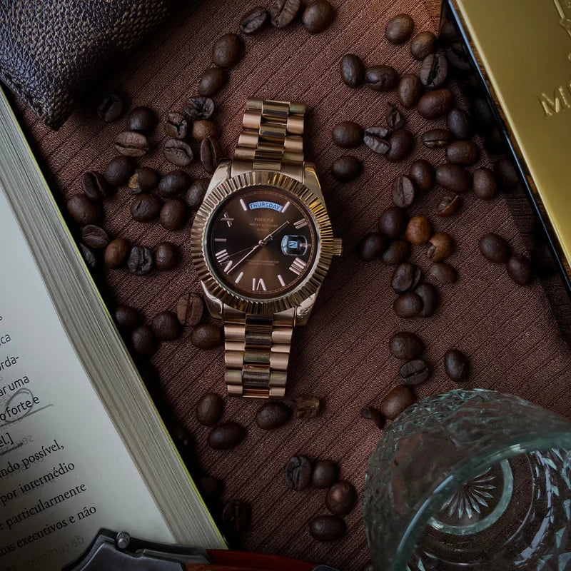 Nibosi Royale Men's Day-Date Watch – Rose Gold & Brown