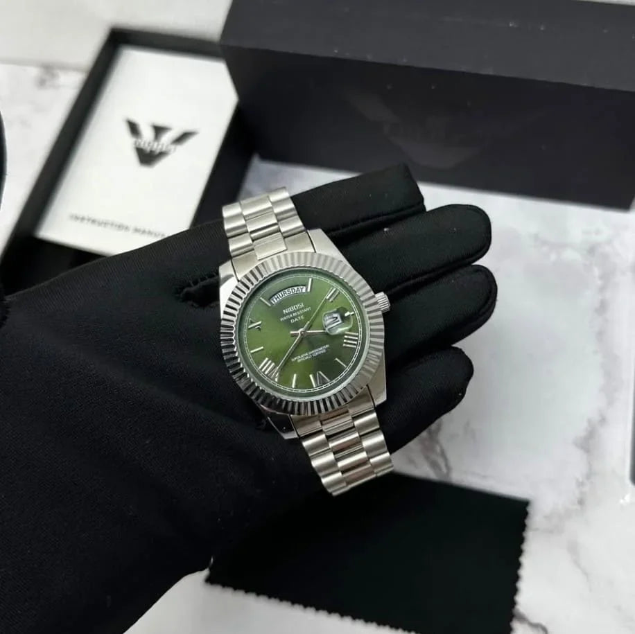 Nibosi Royale Men's Watch – Day-Date – Silver & Green