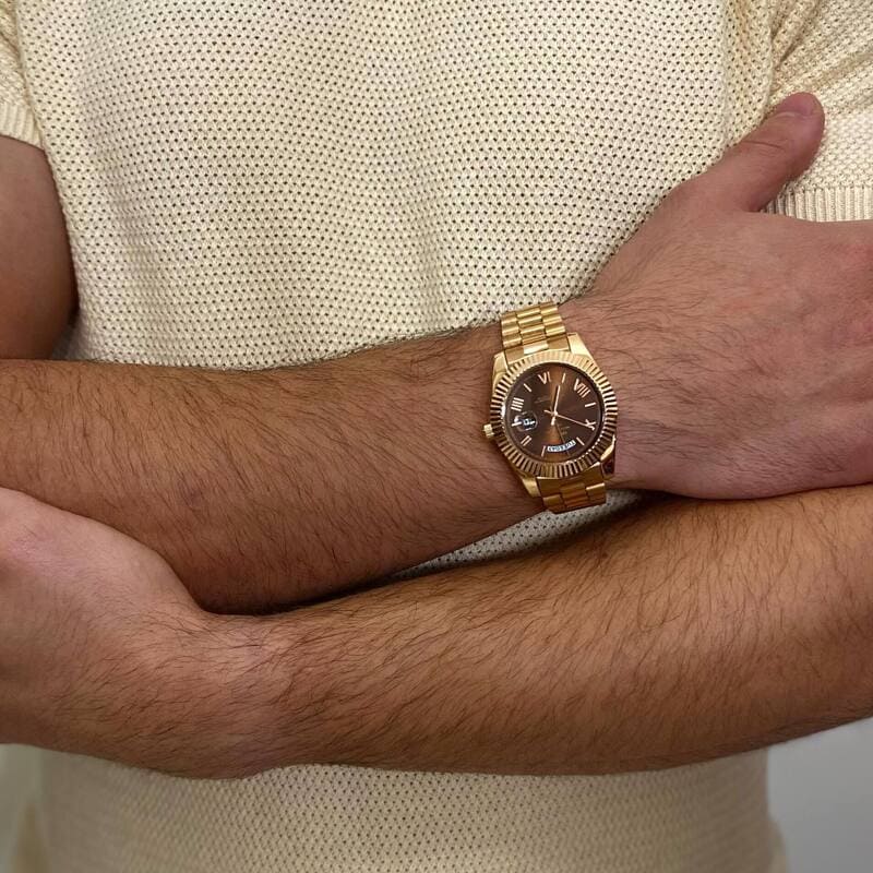 Nibosi Royale Men's Day-Date Watch – Rose Gold & Brown