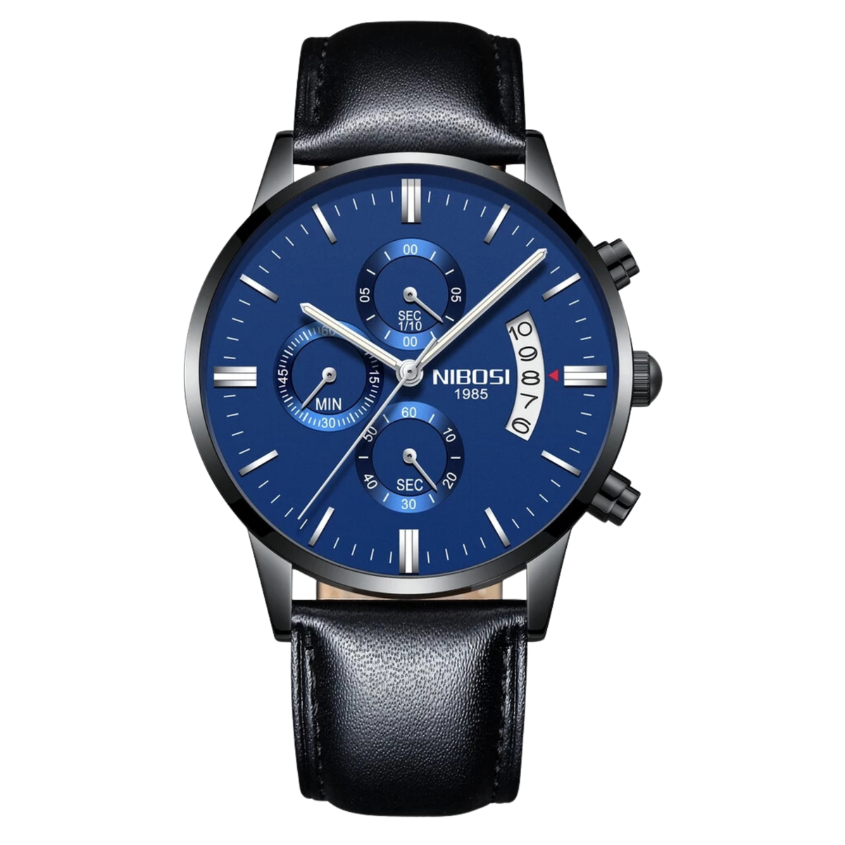 Nibosi Axis Men's Chronograph – Leather Strap – Blue & Black