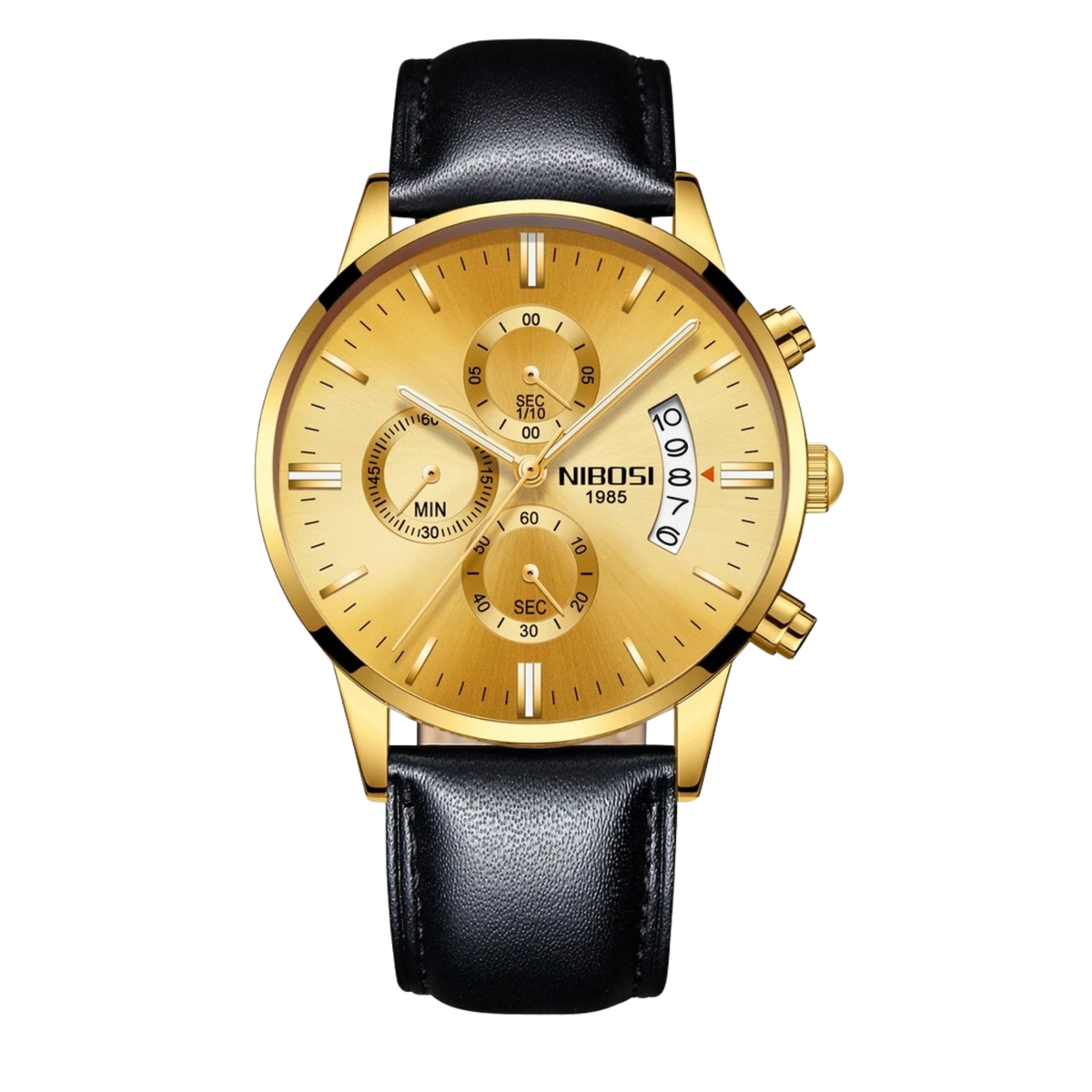Nibosi Axis Men's Chronograph – Leather Strap – Gold & Black