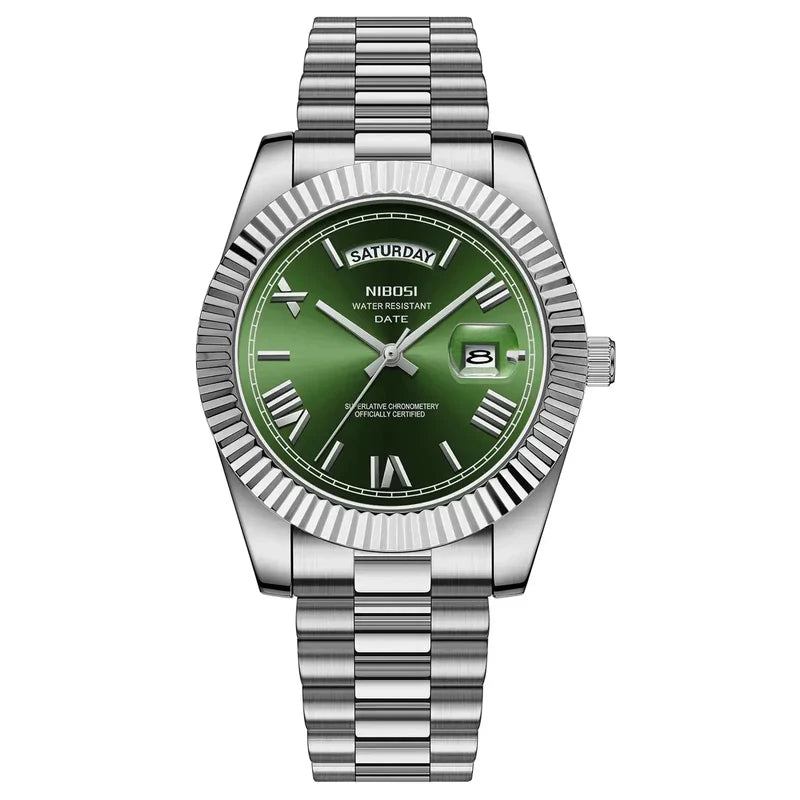 Nibosi Royale Men's Watch – Day-Date – Silver & Green