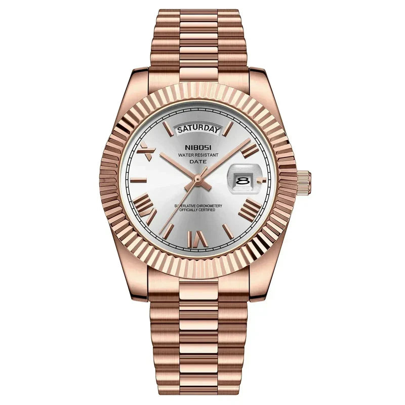 Nibosi Royale Men's Watch – Day-Date – Rose Gold & White