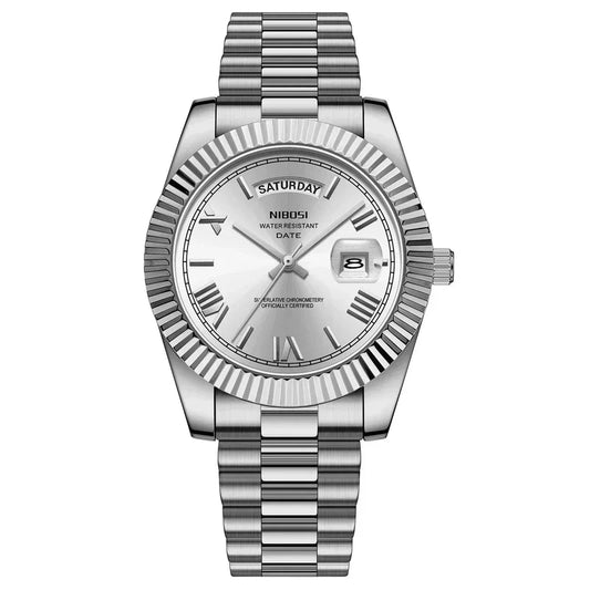 Nibosi Royale Men's Day-Date Watch – Silver & White