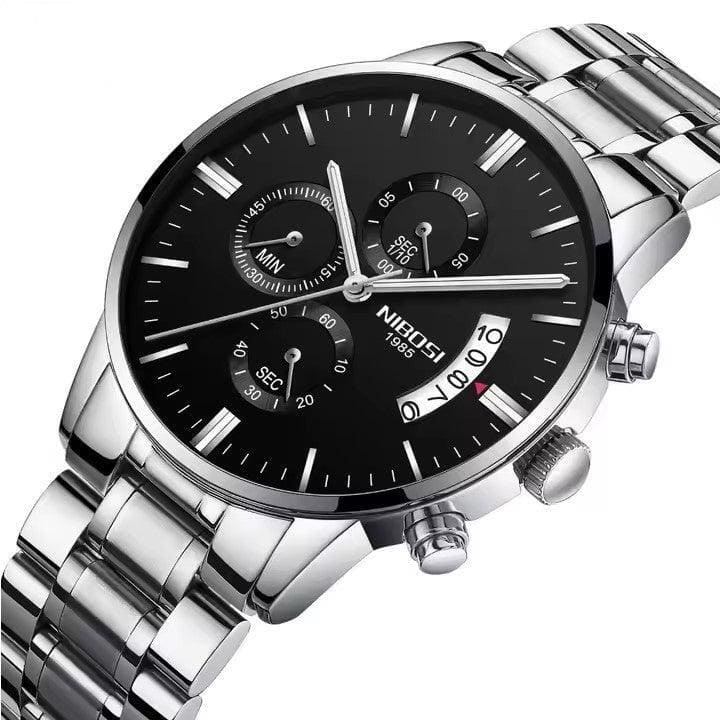 Nibosi Classic Men's Watch – Stainless Steel – Silver & Black