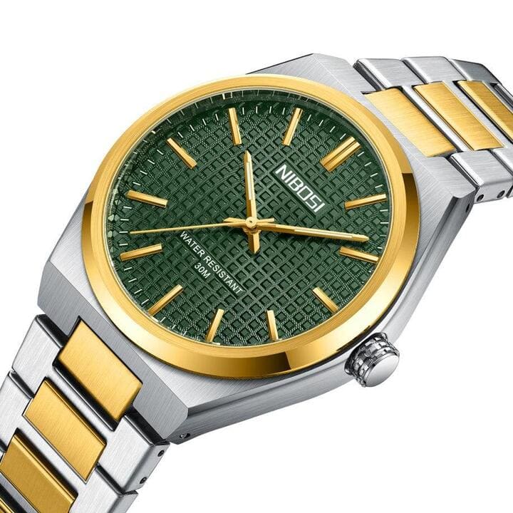 Nibosi Maestro Men's Minimalist Watch – Silver-Gold & Green