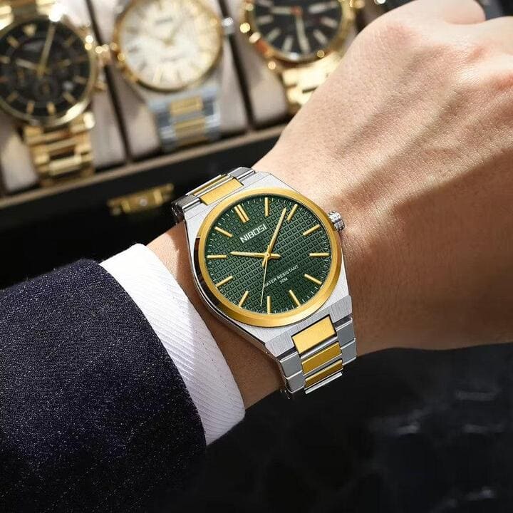 Nibosi Maestro Men's Minimalist Watch – Silver-Gold & Green