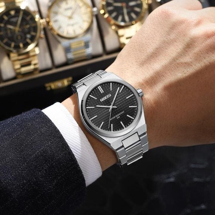 Nibosi Maestro Men's Minimalist Watch – Silver & Black