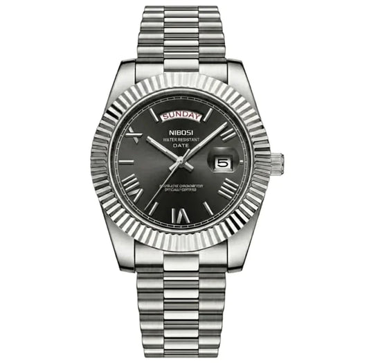 Nibosi Royale Men's Day-Date Watch – Silver & Black