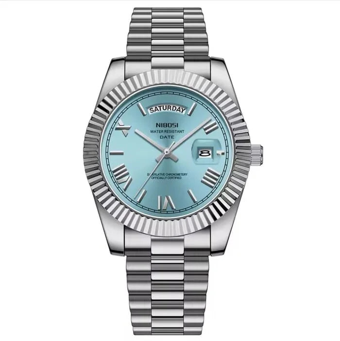 Nibosi Royale Men's Watch – Day-Date – Silver & Blue