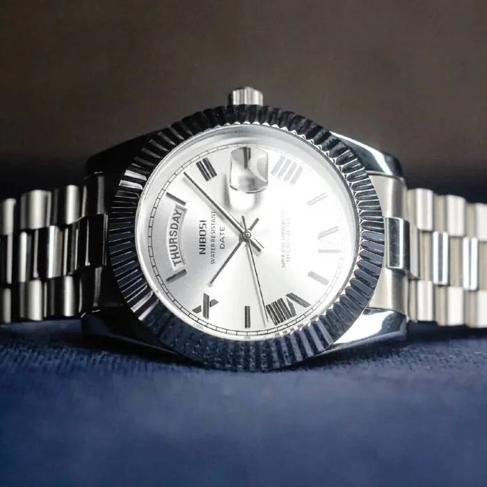 Nibosi Royale Men's Day-Date Watch – Silver & White