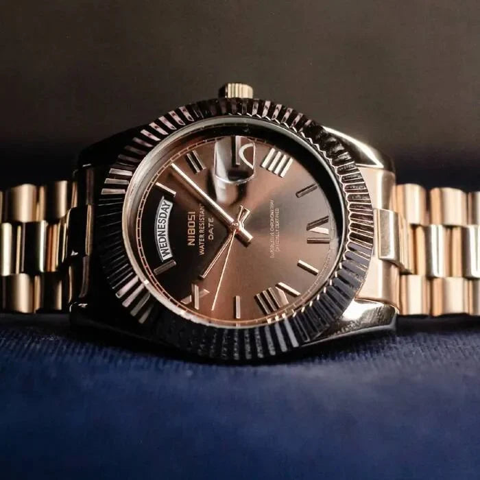 Nibosi Royale Men's Day-Date Watch – Rose Gold & Brown