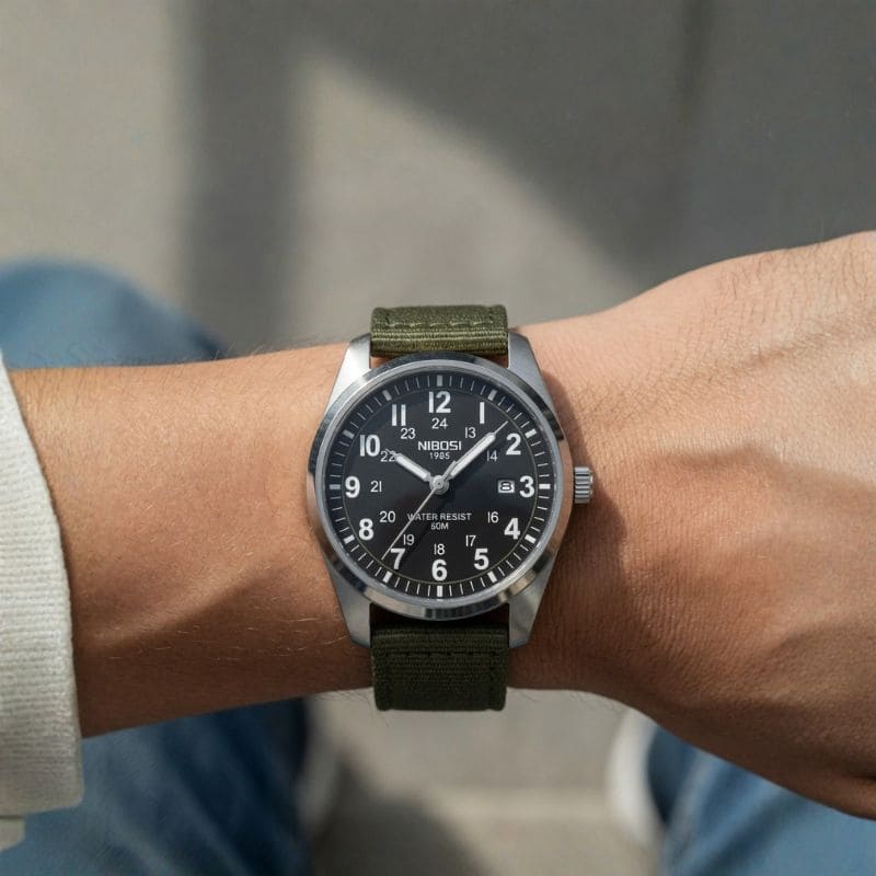 Nibosi Military Men's Watch – Silver & Black