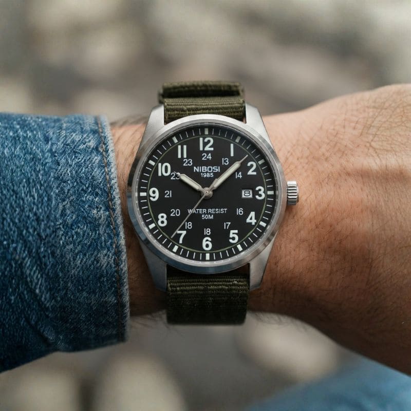 Nibosi Military Men's Watch – Silver & Black