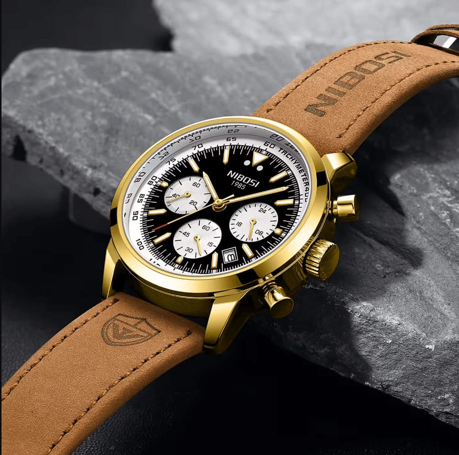 Nibosi Altus Men's Watch – Leather Strap – Gold & Black