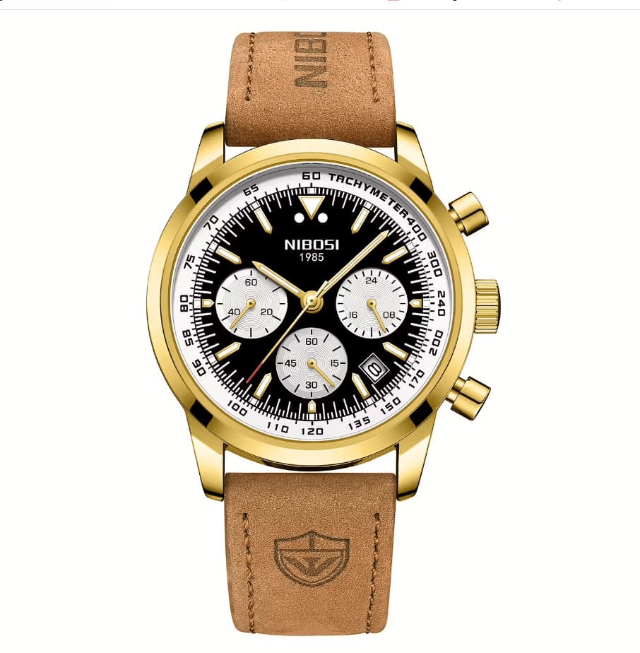 Nibosi Altus Men's Watch – Leather Strap – Gold & Black