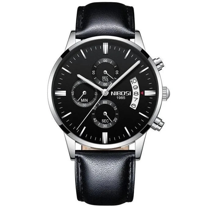 Nibosi Classic Men's Watch – Leather Strap – Black & Silver