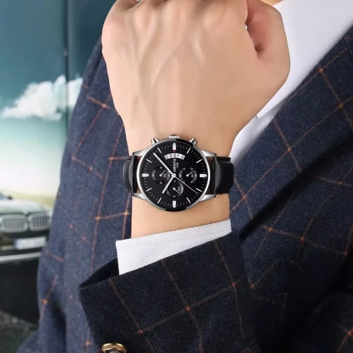 Nibosi Classic Men's Watch – Leather Strap – White & Rose Gold