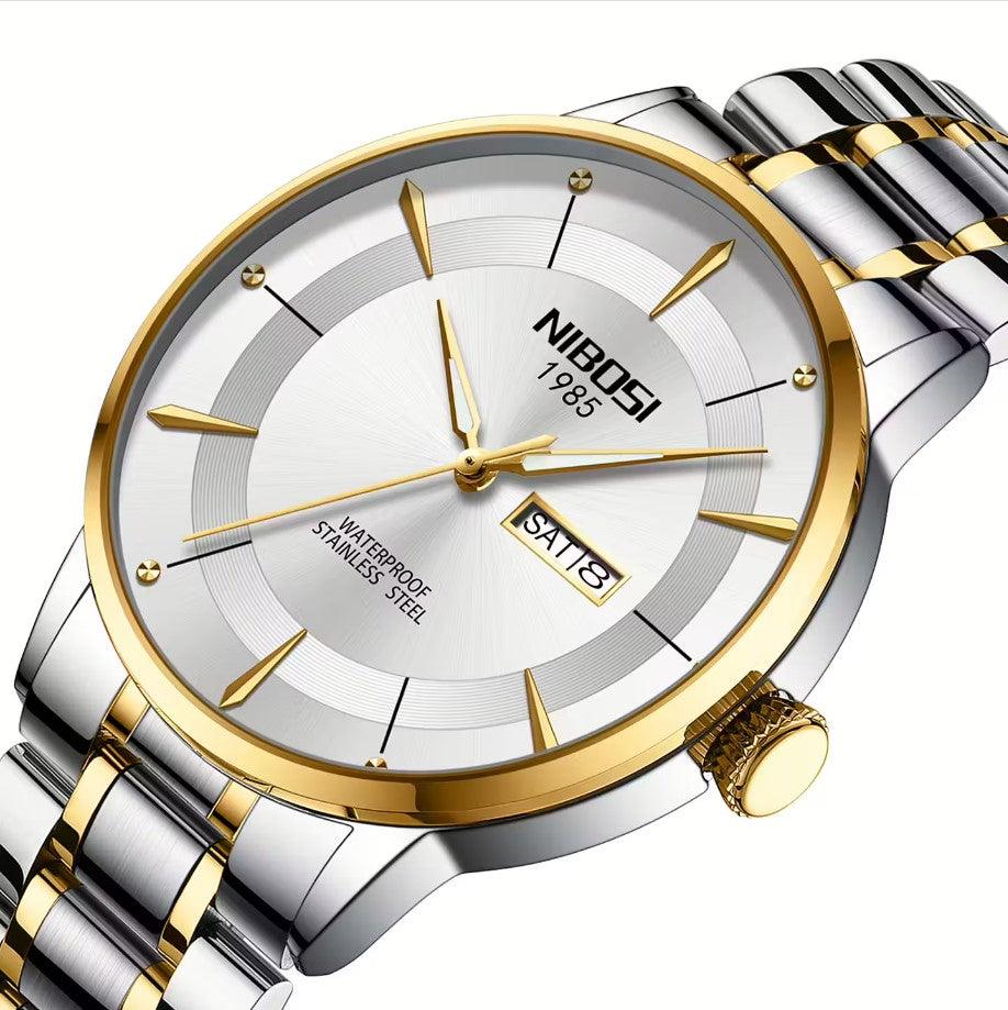 Nibosi Signature Men's Minimalist Watch – Silver-Gold & White