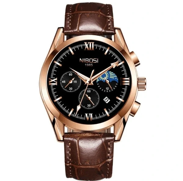 Nibosi Hermes Men's Watch – Leather Strap – Black & Brown