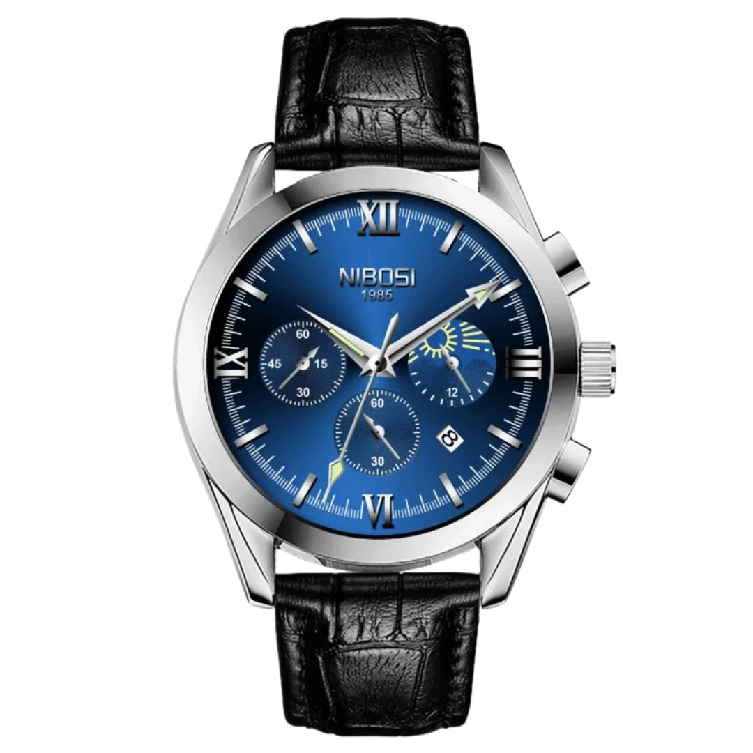 Nibosi Hermes Men's Watch – Leather Strap – Black & Blue