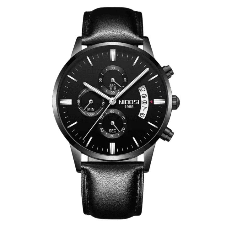 Nibosi Classic Men's Watch – Leather Strap – Black