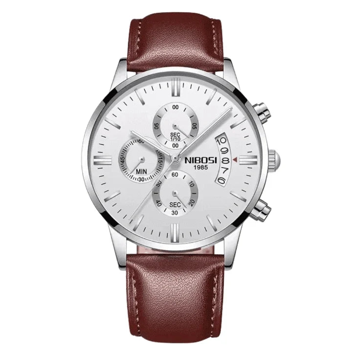 Nibosi Classic Men's Watch – Leather Strap – White