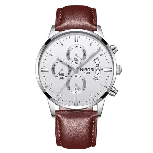 Nibosi Classic Men's Watch – Leather Strap – White