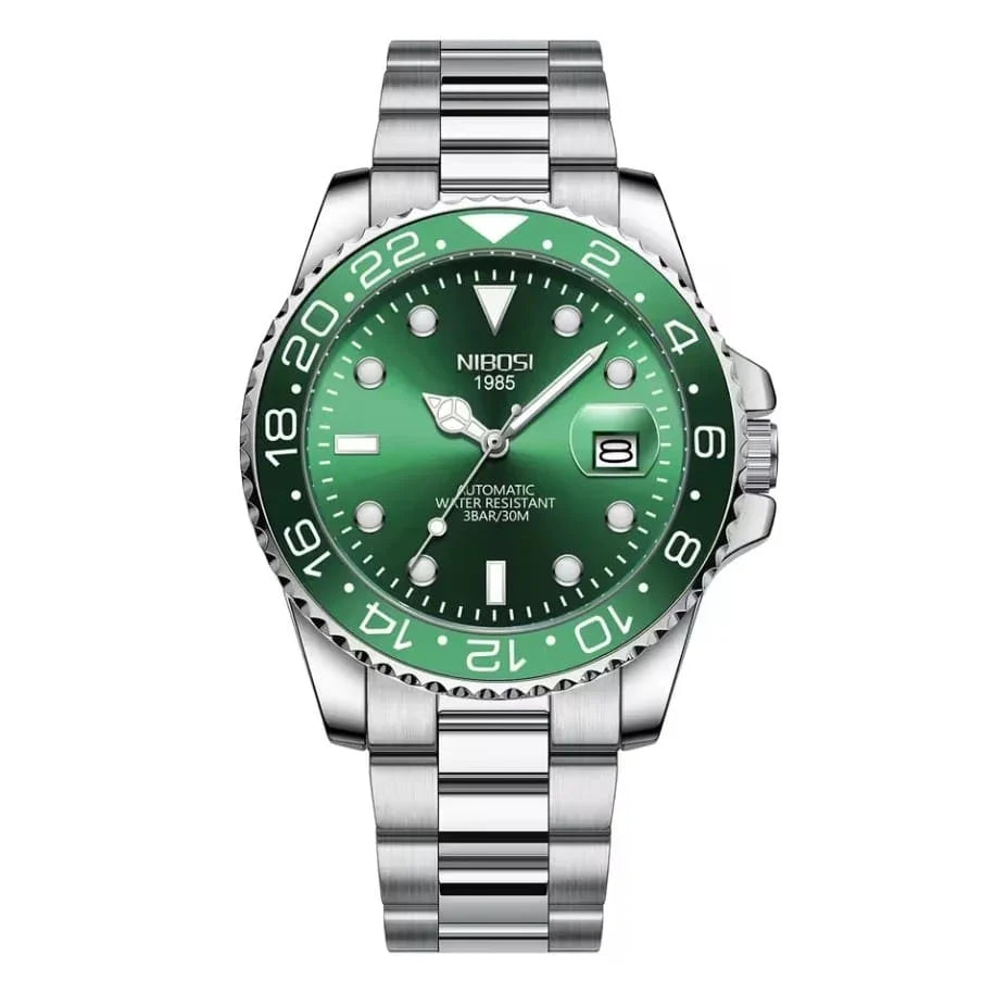 Nibosi Majestic Men's Automatic Watch – Silver & Green