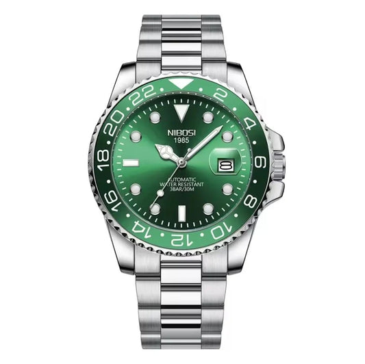 Nibosi Majestic Men's Automatic Watch – Silver & Green